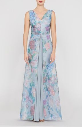 Kay Unger Merida Floral Print Sleeveless Gown in Spring Mist at Nordstrom, Size 16