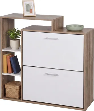 Relaxdays Relaxdays Zapatero 90&times;80&times;23,5 Cm, 2 Puertas Basculantes, 12 Pares, Estantes Abiertos, Estrecho, Natural/blanco
