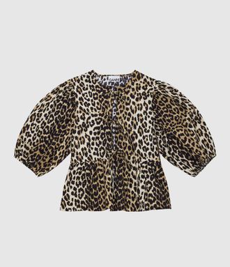 Ganni Blouse Printed Cotton Poplin Peplum Blouse Leopard