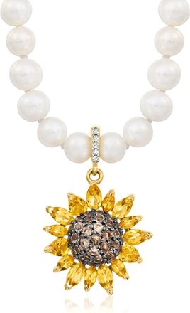 Ross-Simons 5-5.5mm Cultured Pearl Necklace With Removable Multi-Gemstone Sunflower Pendant in 18kt Gold Over Sterling