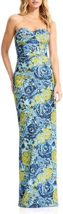 Dress The Population Vada Beaded Floral Strapless Column Gown in Sky Multi at Nordstrom, Size Xx-Large