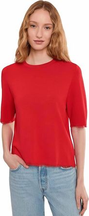 Elliott Lauren Fray Short Sleeve Crew Neck Sweater With Fringe Detail In Tomato