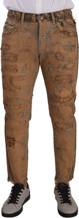 Dolce & Gabbana Mens Distressed Brown Ripped Jeans - Tan Cotton - Size EU 48 (Mens)