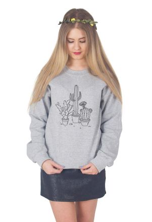 Sanfran Clothing Sanfran - Cactus Drawing Cute Boho Bohemian Plants Jumper Sweater - Large/Light Grey