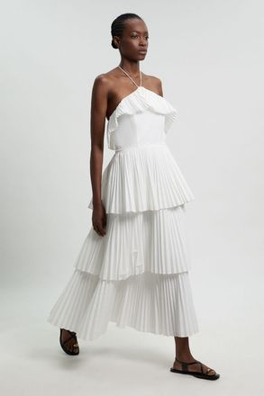 Karen Millen Womens Cotton Poplin Pleat Detail Halterneck Woven Maxi Dress - White - Size 16 UK