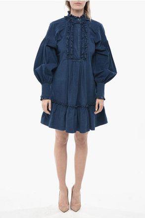 Valentino Ruffle-Front Cotton Shirt Dress with Puff Sleeves size 40