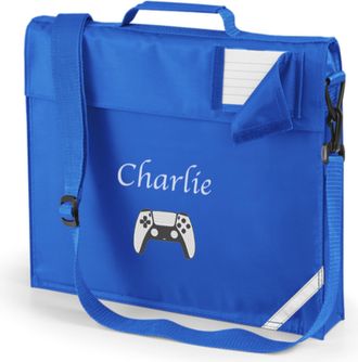 Generic Personalised Embroidered School Book Bag with Shoulder Strap with Embroidered Name and Game Controller Motif (Blue)
