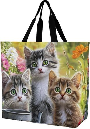 Generic Three Cute Cats Flowers Reusable Shopping Bags One Shoulder Grocery Tote Bag Waterproof Big Purse for Work Travel