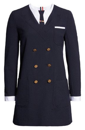 Thom Browne Trompe lOeil Mixed Media Long Sleeve Minidress in Navy at Nordstrom, Size 10 Us