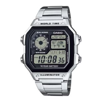 Casio Mens World Time Stainless Steel Digital Watch Silver - AE-1200WHD-1AVCF