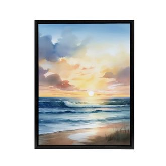 Artery8 Beach Shore Waves Sunset Seascape Framed Canvas Wall Art Print in Blue | Size: W24 x H32