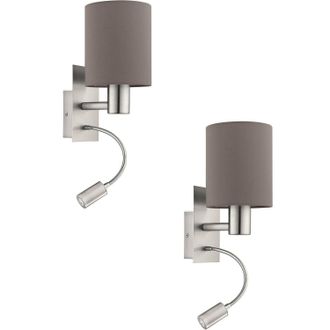 Loops 2 PACK Wall Light Satin Nickel Shade Anthracite Brown Fabric E27 40W LED 3.5W in Metallics