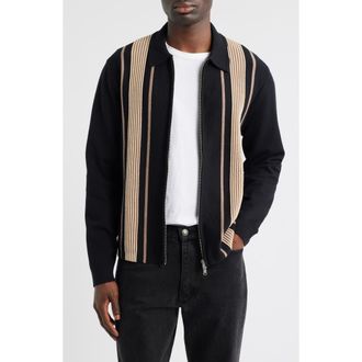 Wax London Lennox Stripe Cotton & Cashmere Zip-Up Shirt in Black /Beige at Nordstrom, Size Xx-Large
