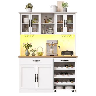 STILVORA Aparador De Cocina Con 4 Puertas De Cristal, 1 Caj&oacute;n, Botellero, Soporte Para Copas, Led, Mdf, Blanco, 140&times;38&times;180 Cm