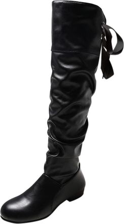 Generic Ladies Mid Calf Boots Fashion Solid Color Peated Bow Tie Back Thick Heel Long Boots(Black, 6.5)