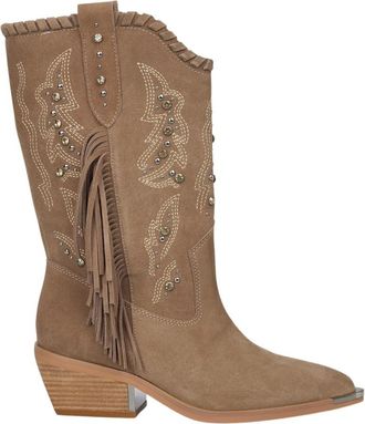 Alma En Pena Platte enkellaarsjes franjes strass - Dames - Cowboylaarzen - Beige - 38 EU - Schoenen