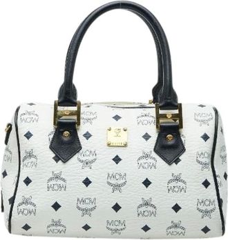 MCM Pre-owned Handbags, female, White, Size: ONE SIZE Pre-owned Visetos Leather Boston Bag