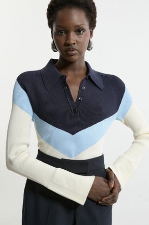 Karen Millen Womens Viscose Blend Rib Knit Polo Top - Navy Polyamide - Size X-Small