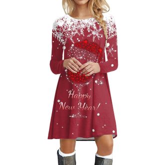 Generic Christmas Dress Womens Long Sleeve Dress for Christmas Womens Round Neck Mini Dress Red Wine Glass Jumper Dress Funny Tunic Dress Ugly Chrism Dresses 