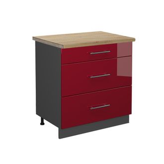 Vicco Mueble Bajo De Cocina Fame-line, Rojo Burdeos Alto Brillo, 80 Cm Con 3 Cajones, Et Roble