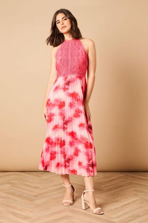 Oasis Womens Printed Lace Mix Halterneck Midi Dress - Multicolour - Size 10 UK