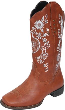 Generic Leather Cowboy Boots Womens - Cowboy Boots For Women Wide Fit Low Heel Square Toe Mid Wide Calf Boot Comfortable Embroidered Cowgirl Boots Riding Eque