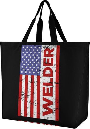 Generic Welding U.S. Flag Reusable Shopping Bags One Shoulder Grocery Tote Bag Waterproof Big Purse for Work Travel