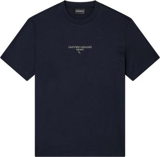 Emporio Armani Tops, Heren, Blauw, 2Xl, Navy Blue Logo Geborduurd T-shirt