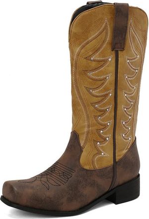 Generic Womens Mid Block Heel Long Boots Square Toe PU Leather Mid-Calf Boots Pull on Wide-Calf Cowboy Boot with Embroidery Stitched,Yellow,10.5 UK