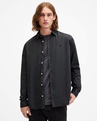 AllSaints Mens Cotton Tahoe Ramskull Garment Dyed Relaxed Fit Shirt, Size: XXL