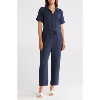 Eileen Fisher Collar Short Sleeve Organic Cotton Gauze Jumpsuit in Ocean at Nordstrom Rack, Size Small