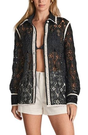 English Factory Crochet Button-Up Shirt in Black at Nordstrom, Size X-Small