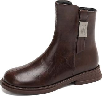 Generic Womens Vintage Round Toe Ankle Booties Faux Leather Side Zipper Low Block Heels Casual Daily Streetwear Office Work Shoes,Brown,3.5 UK