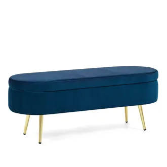 Urban Meuble Banco arc&oacute;n de terciopelo azul con patas doradas 110 cm