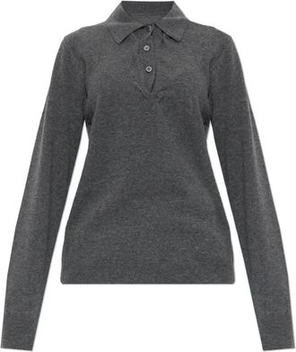 Maison Margiela Draped Collar Wool Polo Sweater - Dames - V-hals truien - Grijs - L - Wol - Truien & Vesten