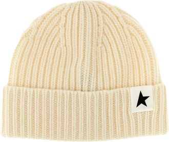 Golden Goose Accessoires, Heren, Beige, ONE Size, Star Patch Rib Knit Beanie