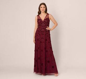 Adrianna Papell Velvet Floral Beaded Gown With Sheer Tank Straps In Mahogany