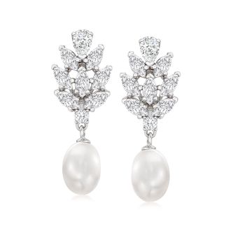 Ross-Simons 8-8.5mm Cultured Pearl and CZ Drop Earrings in Sterling Silver