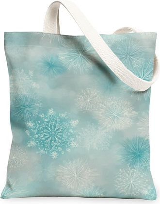 Generic Snowflake Pattern Canvas Tote Bags, Winter Floral Design Reusable Grocery Bags, Vintage Lightweight Washable Shoulder Strap, Light Blue, 13x15 Inch
