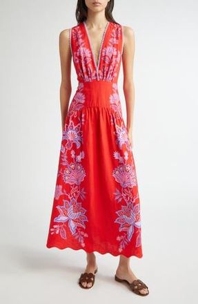 Farm Rio Porcelain Garden Floral Linen Maxi Dress in Red at Nordstrom Rack, Size X-Small