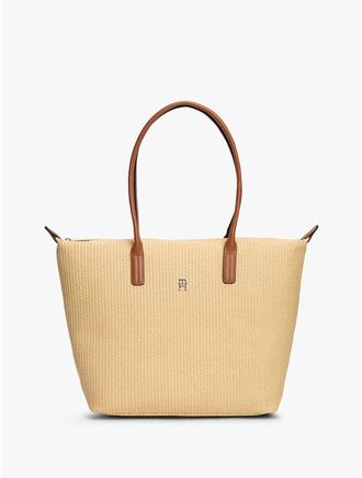Tommy Hilfiger Womens Monogram Logo Raffia Tote Bag - Brown