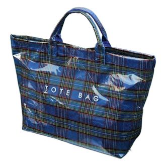 Generic Plaid PVC Tote Bag for Women, Large Letter Print Handbag, Waterproof Coated Shopping Bag, Spacious Bag for Travel, Daily Use (Blue Tartan)