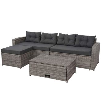 Hhg Nunca Usado] Conjunto De Polirrat&aacute;n Hhg 080, Conjunto Para Balc&oacute;n/jard&iacute;n/sala De Estar Sof&aacute;, Compartimento Portaobjetos, Gris, Cojines Gris Oscuro
