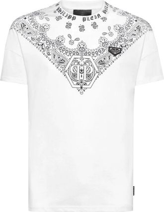 Philipp Plein T-shirt met Ronde Hals Paisley Bandana - Heren - T-shirts - Wit - 2XL - Katoen - Tops