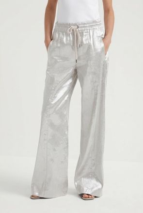 Brunello Cucinelli Silver Linen Wide Leg Trousers, Brand Size 38 (US Size 4)