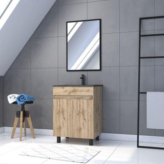 Aurlane Mobile da bagno 60 cm finitura rovere naturale 2 ante - Lavabo nero e Specchio - timber