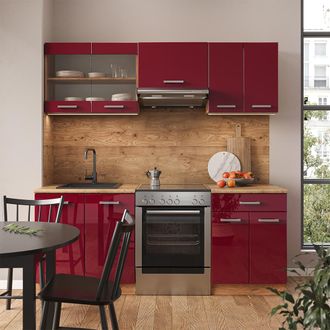 Vicco Mueble De Cocina R-line, Burdeos Brillo Intenso/roble Dorado, 200 Cm Sin Encimera