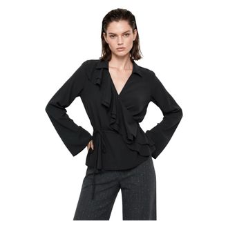 Kocca Overhemden, Dames, Zwart, XS, Leer, Wikkelblouse met ruches en V-hals