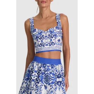 Alice & Olivia Miriam Tie Back Linen Blend Crop Top in Solstice at Nordstrom, Size 12