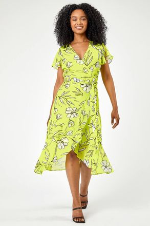 Roman Floral Chiffon Frill Wrap Dress